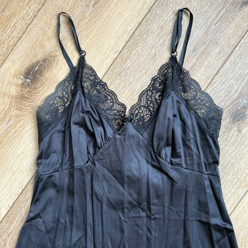 Adonna Black Nylon Lace Trim Sz 36 Small Long Pullover Slip Dress Nightgown VTG - Picture 4 of 8